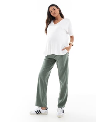 Mamalicious Maternity under-the-bump lightweight summer wide leg pants in khaki-Green