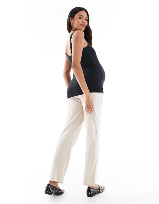 Mamalicious Maternity under the bump lightweight summer wide leg trousers in cream, 3 of 4