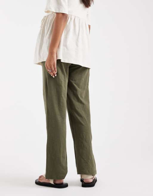 Mamalicious Maternity under the bump lightweight summer wide leg trousers in dark khaki, 2 of 5