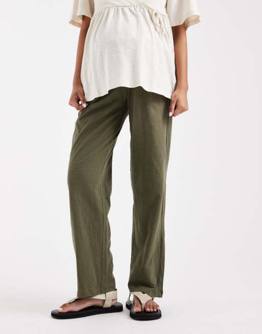 Mamalicious Maternity under the bump lightweight summer wide leg trousers in dark khaki, 3 of 5