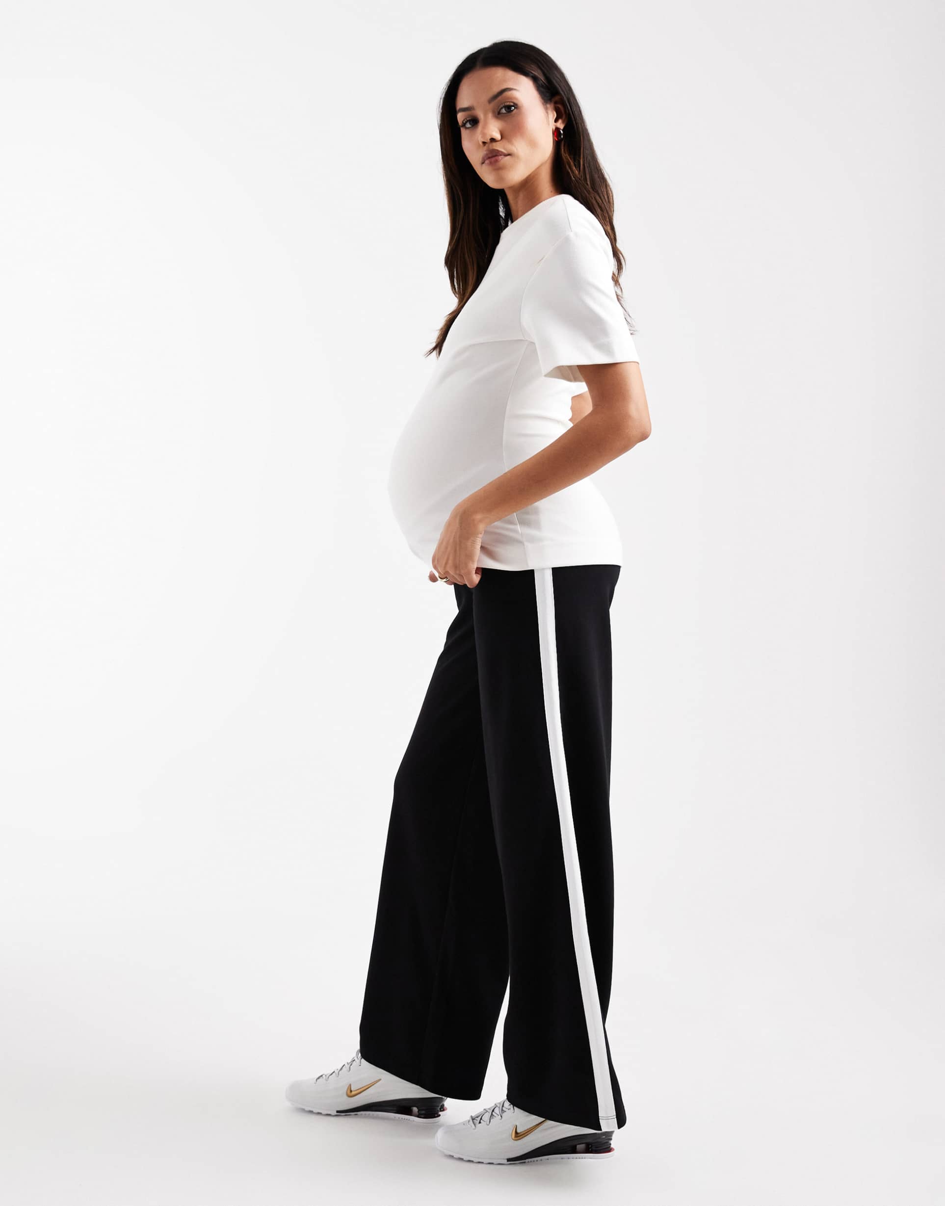 mamalicious maternity under the bump side striped wide leg pants in black