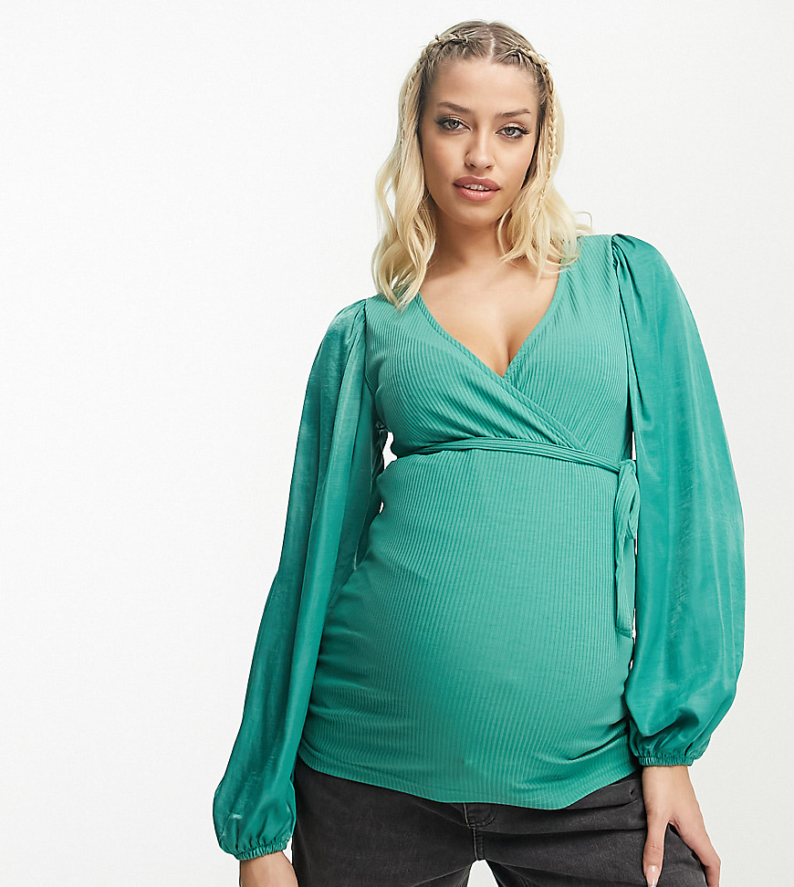 Mama. licious Maternity v-neck blouse in green-Grey