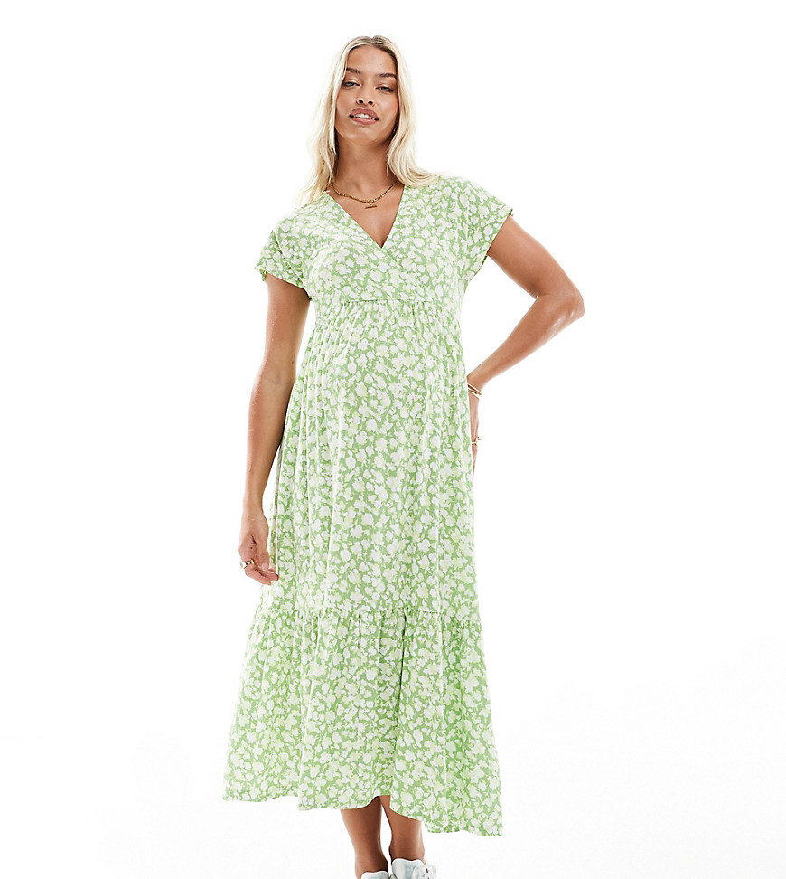 Mamalicious Maternity v neck midi dress in green floral print-Multi