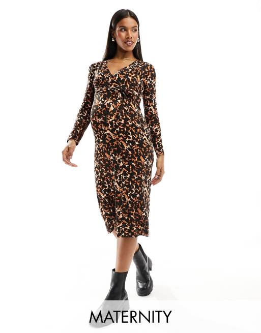 Mamalicious maternity v-neck midi dress in leopard print