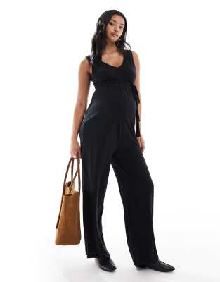 Mama.licious Mamalicious Maternity V Neck Tie Waist Wide Leg Jersey Jumpsuit In Black