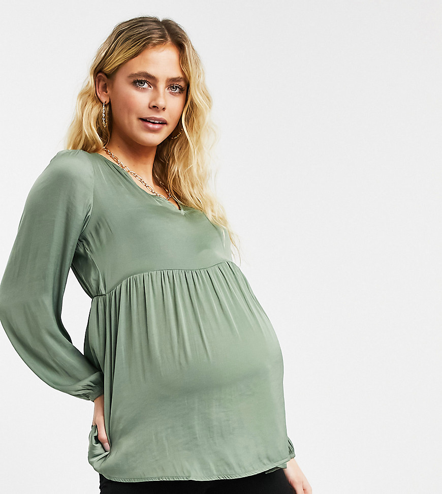 Mamalicious Maternity v neck top with gathered waist and balloon sleeve in green