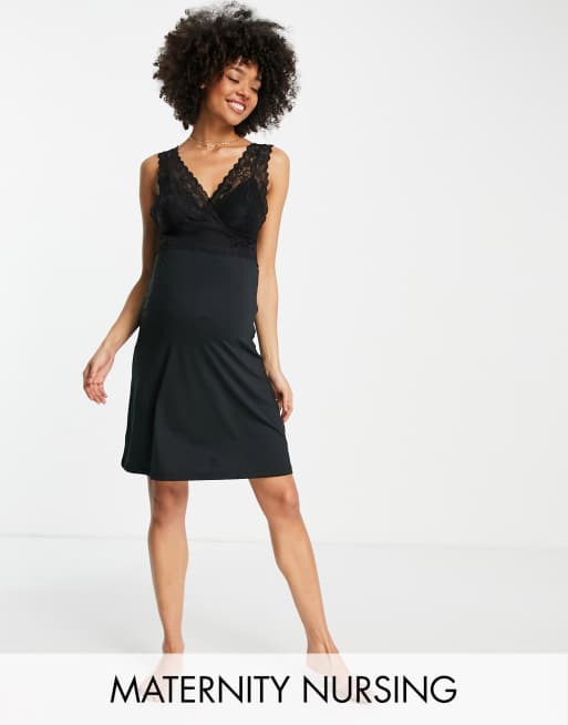 Mamalicious Maternity - Vestaglia da notte nera per l'allattamento con dettaglio in pizzo