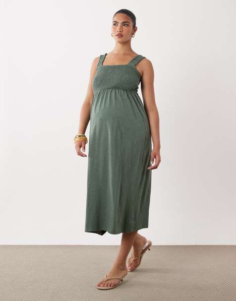 Mamalicious Maternity - Vestido midi verde laurel con detalle fruncido en el pecho - view 1