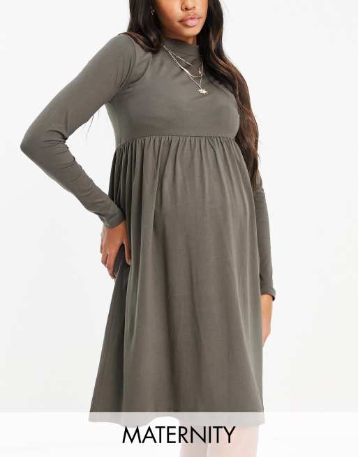 Mamalicious Maternity - Vestito a maniche lunghe con collo a imbuto in cotone marrone - BROWN
