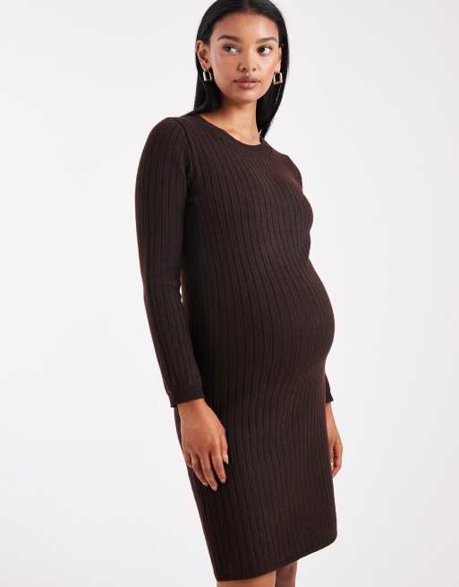 Mamalicious Maternity - Vestito corto allacciato in vita color cioccolato mélange in maglia a coste