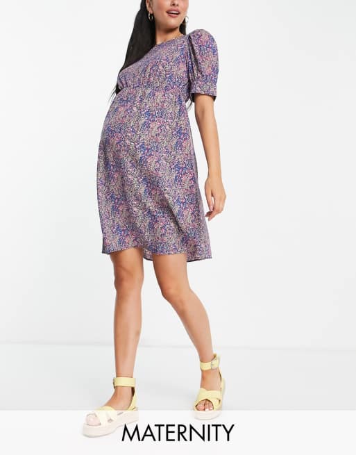 Mamalicious Maternity - Vestito corto con maniche a sbuffo, colore viola a fiori