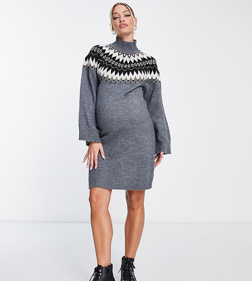 mamalicious maternity - vestito maglia a trecce grigio con motivo fair isle-multicolore