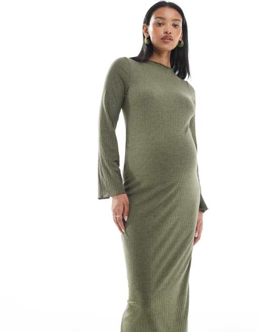 Mamalicious Maternity - Vestito midi a coste kaki con bordi ondulati, 2 di 4