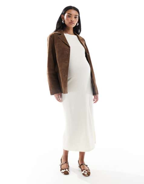 Mamalicious Maternity - Vestito midi a maniche lunghe in jersey color crema a coste - view 1