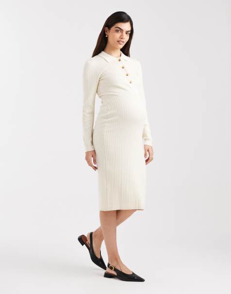 Mamalicious Maternity - Vestito midi color crema a coste per l'allattamento a 2 funzioni con bottoni frontali - view 1