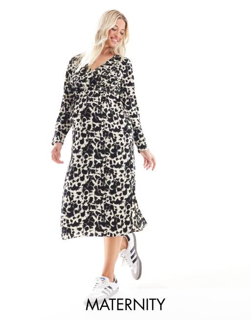 Mamalicious Maternity - Vestito midi con stampa astratta bianca e nera