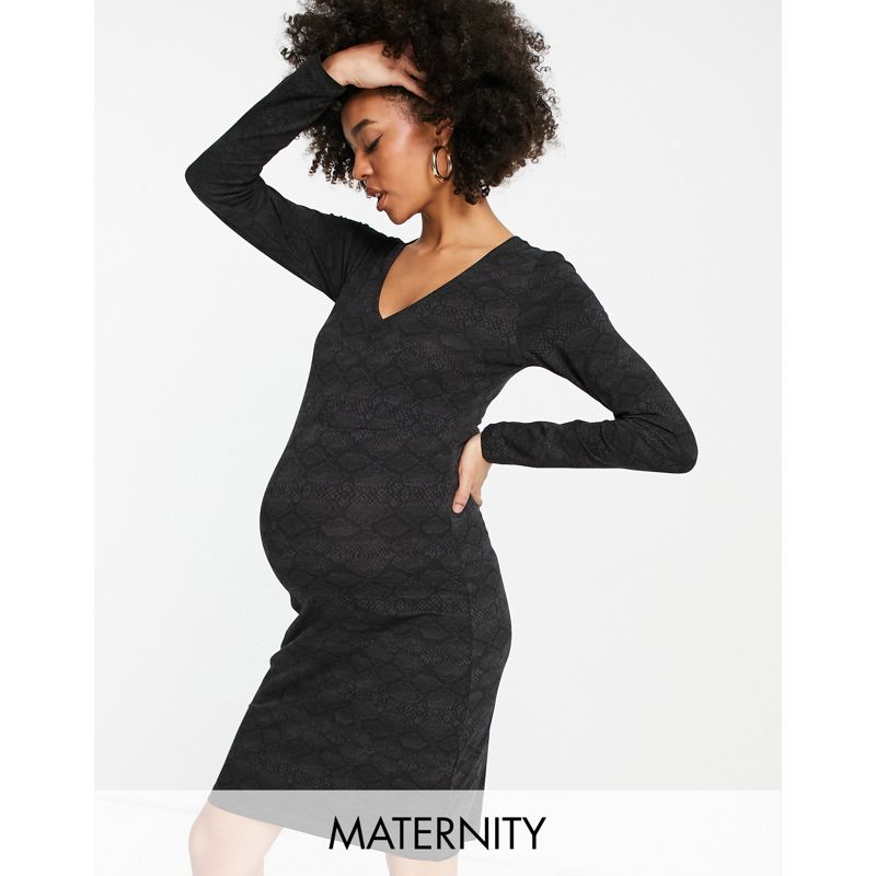 Vestiti casual FH3qO Mamalicious Maternity - Vestito midi in cotone organico arricciato sul davanti color antracite con stampa pitonata