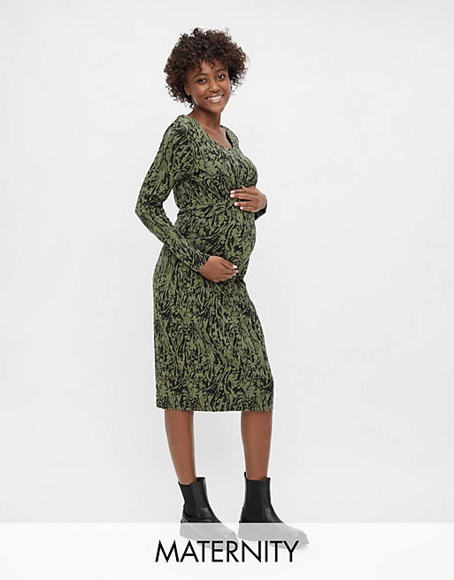 Mamalicious Maternity - Vestito midi kaki a maniche lunghe con stampa astratta