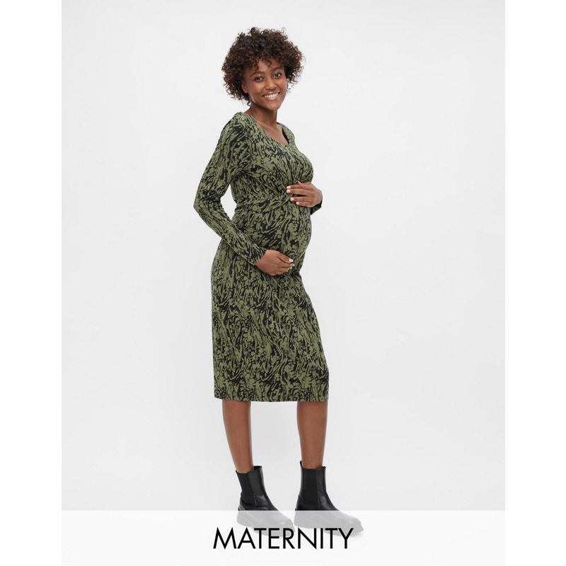mXQrz Donna Mamalicious Maternity - Vestito midi kaki a maniche lunghe con stampa astratta