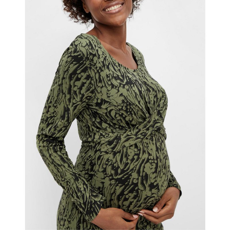 mXQrz Donna Mamalicious Maternity - Vestito midi kaki a maniche lunghe con stampa astratta