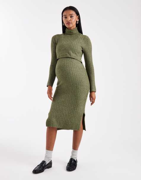 Mamalicious Maternity - Vestito midi per l'allattamento in maglia soffice kaki mélange a coste - view 1