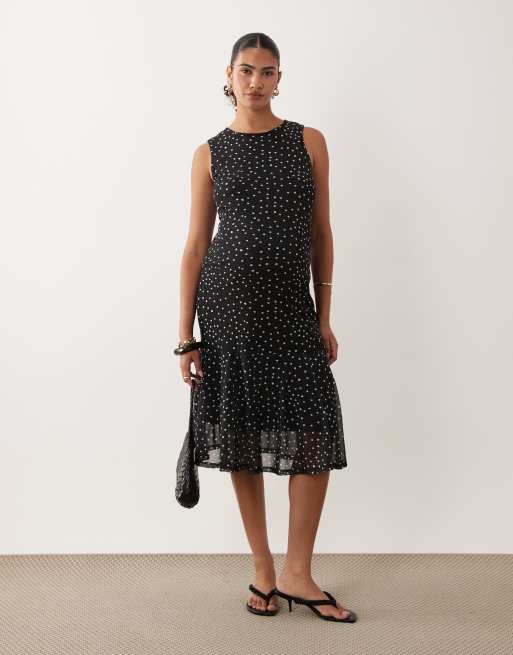 Mamalicious Maternity - Vestito midi senza maniche in rete nera e bianca a pois, 2 di 4