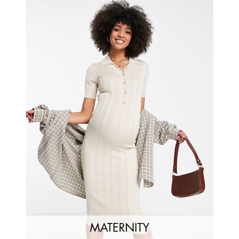 Donna Vestiti longuette Mamalicious Maternity - Vestito midi stile polo in maglia a coste beige 