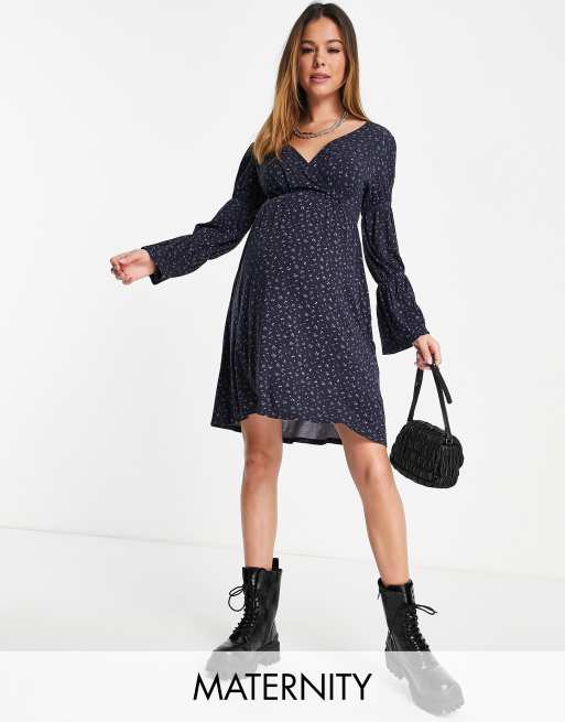 Mamalicious Maternity - Vestito nero a fiorellini con scollo a V e maniche elasticizzate