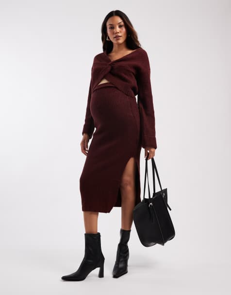 Mamalicious – Maternity – Vinrött, stickat set med kort tröja med snurrad knut framtill och midikjol - view 1