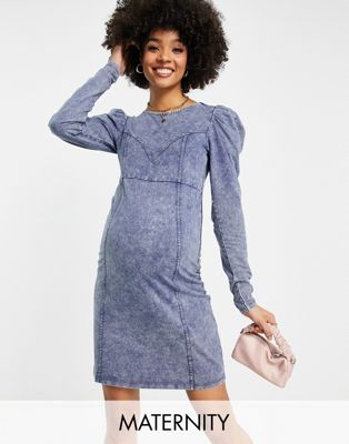 Mamalicious Maternity volume sleeve mini dress in acid wash blue - ASOS Price Checker