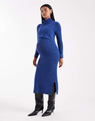 Mamalicious Maternity - Weiches, geripptes Midikleid aus Strick in blau meliert mit Stillfunktion, Umstandsmode