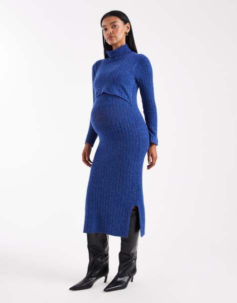 Mamalicious Maternity – Weiches, geripptes Midikleid aus Strick in blau meliert mit Stillfunktion, Umstandsmode - view 1