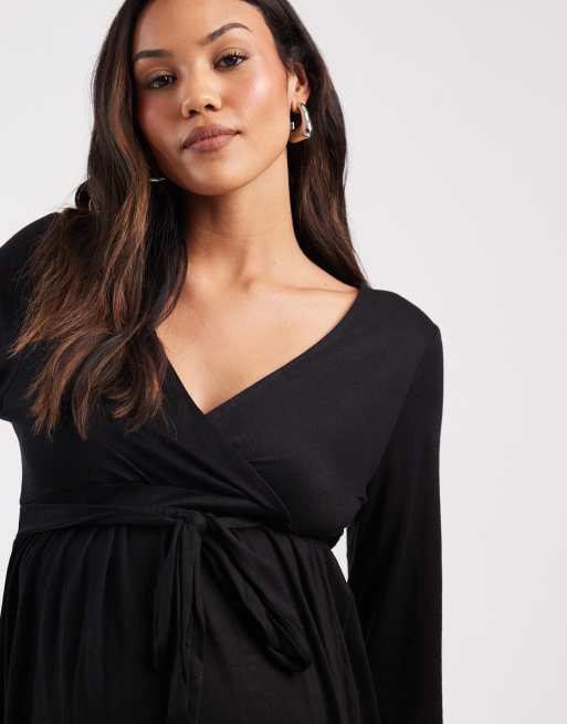 Mamalicious Maternity – Weiches Jersey-Kleid in Schwarz mit stillfreundlichem Wickeldetail, 3 von 4