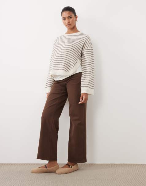 Mamalicious Maternity wide leg jeans with soft over the bump band in chocolate brown - view 1