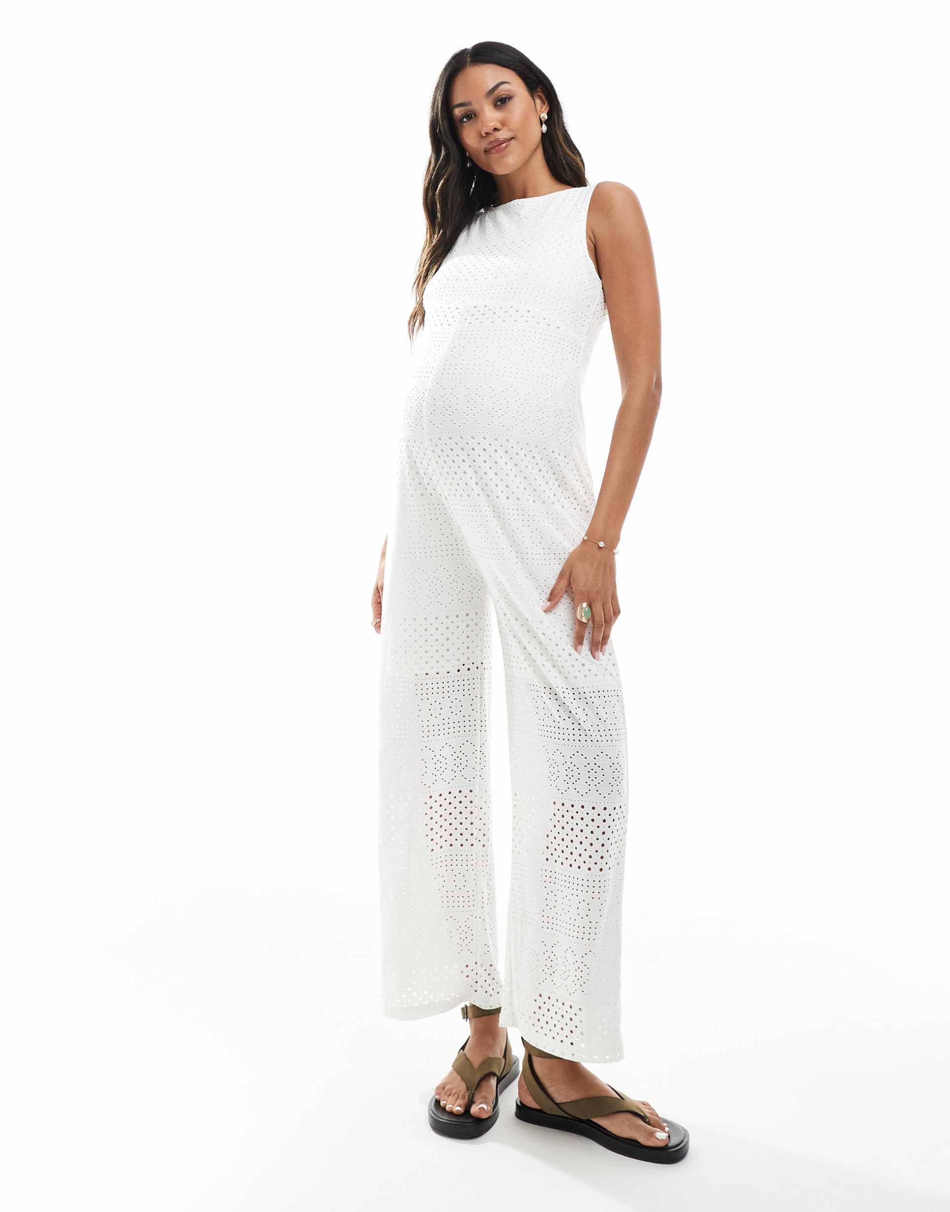 mamalicious maternity wide leg jersey eyelet jumpsuit in white