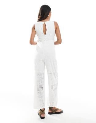 Mama.licious Mamalicious Maternity Wide Leg Jersey Eyelet Jumpsuit In White