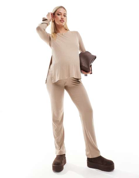 Mamalicious Maternity wide leg jersey pants in beige (part of a set) - view 1