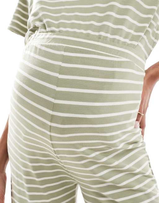 Mamalicious Maternity wide leg jersey pants in khaki stripe - part of a set