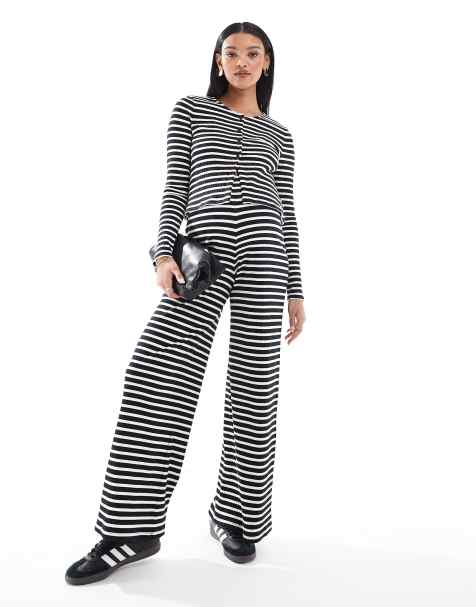 Mamalicious Maternity wide leg jersey pants in mono stripe - part of a set - view 1