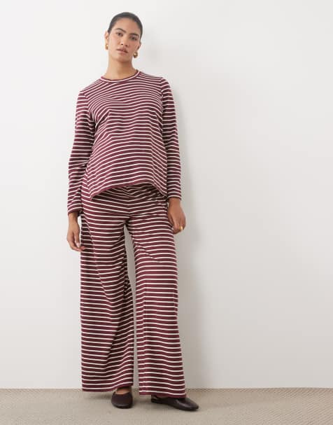 Mamalicious Maternity wide leg jersey trouser co-ord in burgundy stripe - view 1