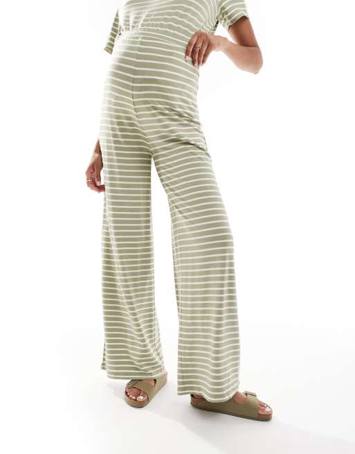 Mamalicious Maternity wide leg jersey trouser co-ord in khaki stripe, 2 of 5