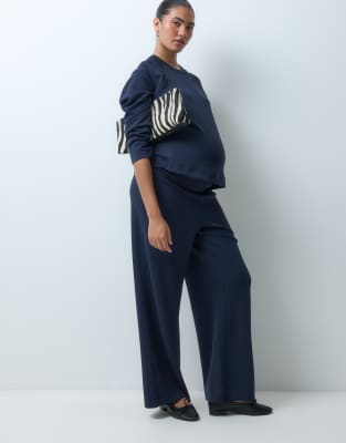 Mama.licious Mamalicious Maternity Wide Leg Jersey Trouser Set In Navy