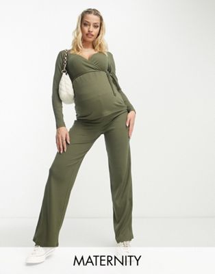 Mamalicious Maternity wide leg trouser in khaki green