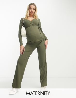 Mamalicious Maternity ribbed top and trouser co-ord in khaki