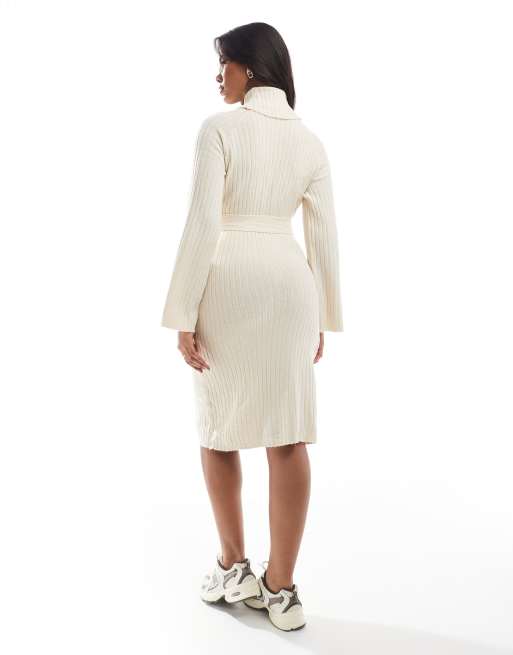 Mamalicious Maternity wide sleeve rib knit midi dress in cream, 3 of 4
