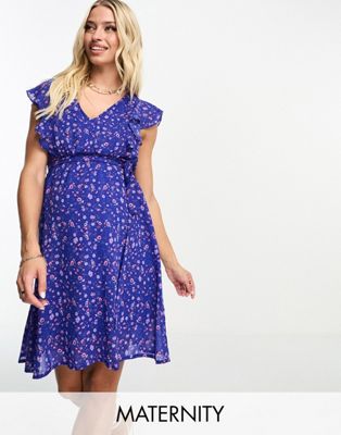 Mamalicious Maternity wrap dress with short sleeves in blue floral print