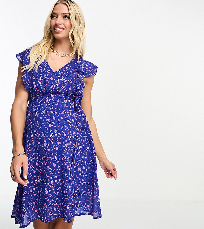 Mamalicious Maternity wrap dress with short sleeves in blue floral print