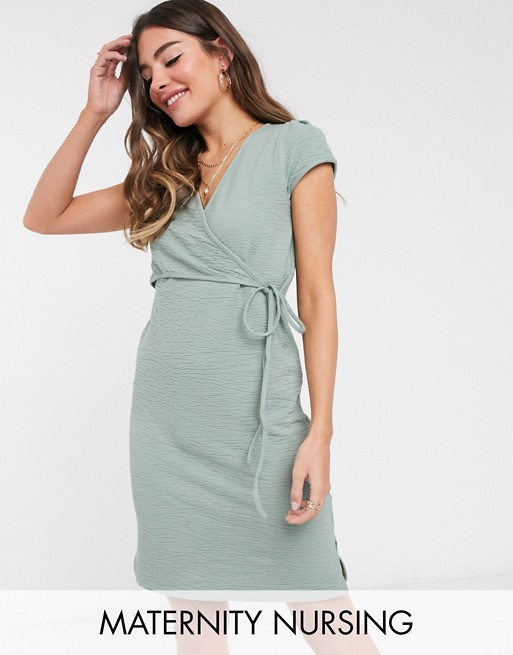 Mamalicious Maternity wrap dress with tie detail and nursing function in green