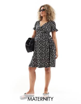 Mamalicious Maternity wrap front midi dress in abstract leopard print-Multi