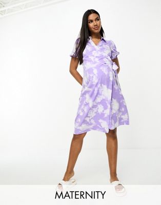 Mamalicious Maternity wrap front midi dress in lilac and white-Navy